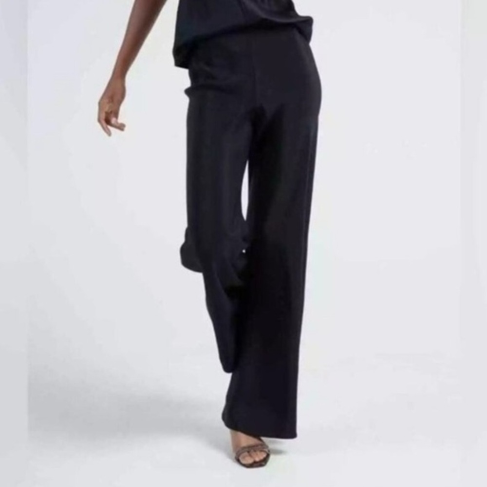 NWOT Jason Wu Black Wide Leg Satin Pants with Side Slit. Size 6